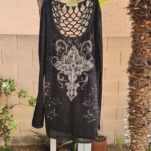 Black Long Sleeve Top with Silver Embellishments